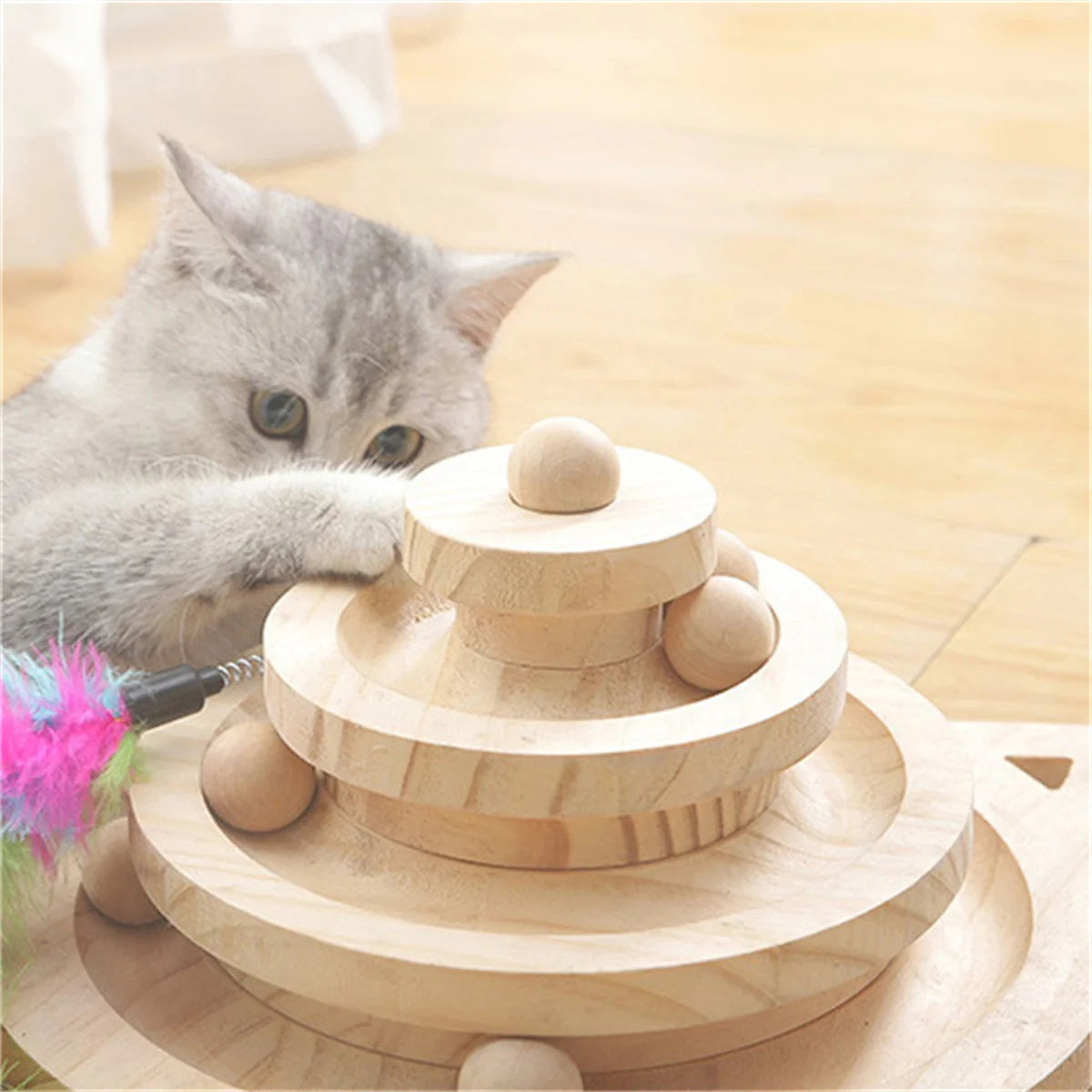 Holz 2/3-stöckiger Katzen-Spielturm mit Scheiben – Intelligenzfördernde Spielbahn für Katzen, Triple-Disc-Spielzeug, Ball-Training